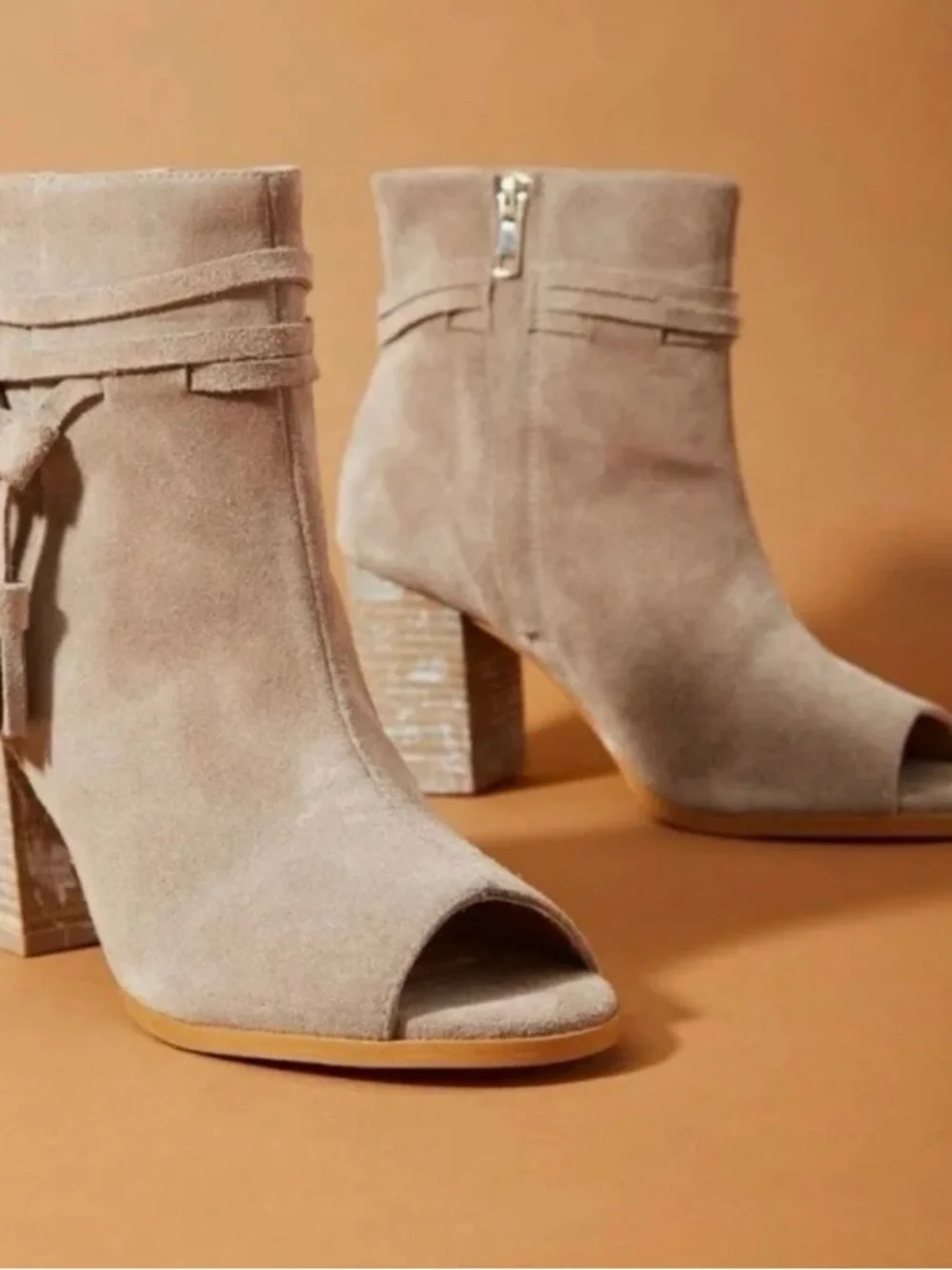 Anthropologie Beige Suede Peep-Toe Ankle Booties
